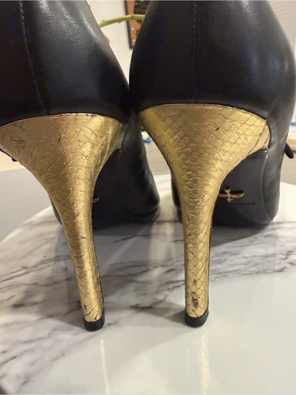 Pour La Victoire Black Pumps with Gold Textured Stiletto Heels